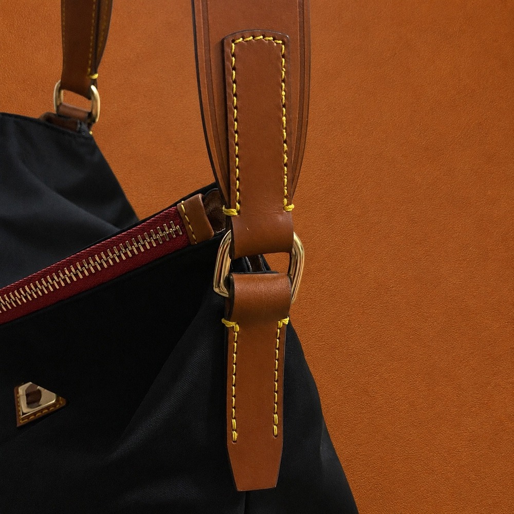 Dooney & Bourke Black Nylon Tan Leather Trim Gold Shoulder Bag Purse Pockets - Picture 7 of 16